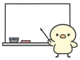 ホワイトボードで説明するひよこの手描きイラスト 指示棒・プレゼン・授業・講義・解説・教育 © Nitomaru