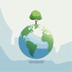 Obraz premium Vibrant illustration of a green Earth globe with a flourishing tree, embodying the concept of environmental preservation and global sustainability