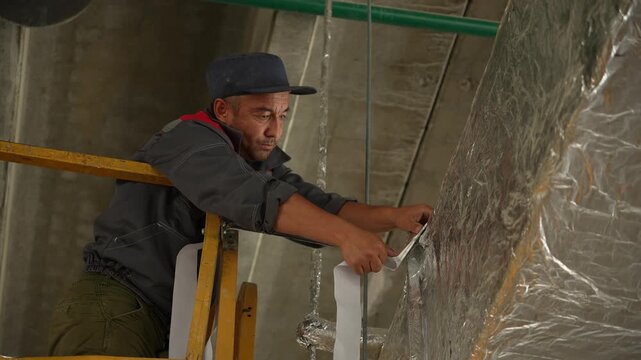 Technician installing insulation on HVAC duct indoors
