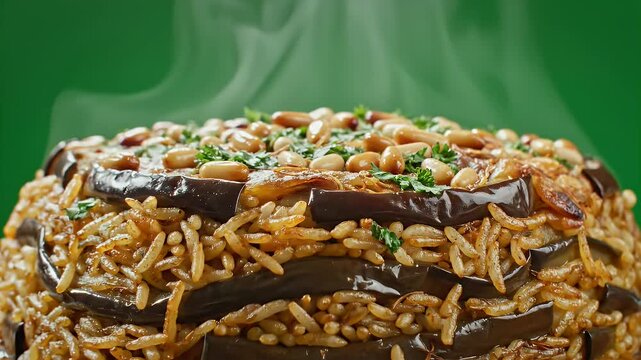 Makloubeh A Traditional Middle Eastern Rice Dish With Layers Of Eggplant Pine Nuts And Spices Steaming Hot With Wisps Of Smoke Against A Vibrant Green Background Cinematic Food Commercial