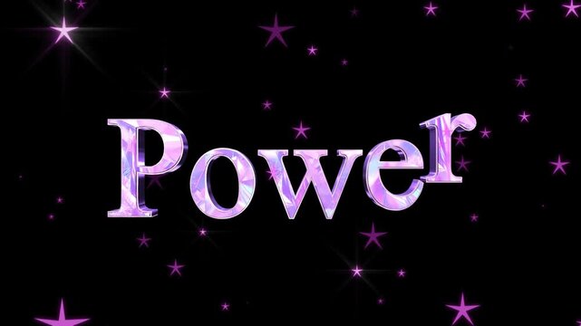 Shimmering iridescent purple word Power displayed boldly against a dark, sparkling background with numerous glowing stars.