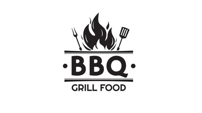 BBQ grill food logo with flames, fork, and spatula, black and white design for restaurant or food business branding.