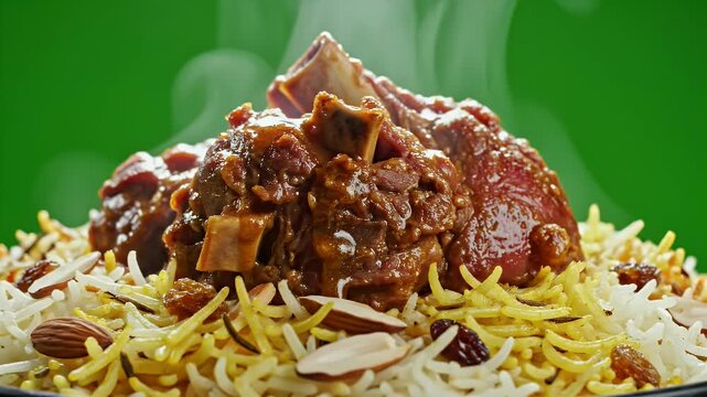 Mandi Lamb Biryani Aromatic Rice With Tender Meat Chunks Generous Garnish And Steaming Hot Ready To Serve For Culinary Advertising and Promotions