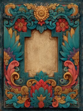 Ornate ancient filigree border with intricate decorative patterns surrounding a clean blank space, creating a refined vintage page design inspired by classic tomb-style ornamental details