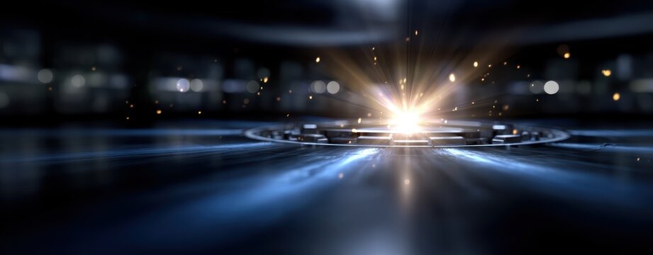 Futuristic technology background with glowing energy burst, light rays and bokeh sparks on metallic sci-fi surface