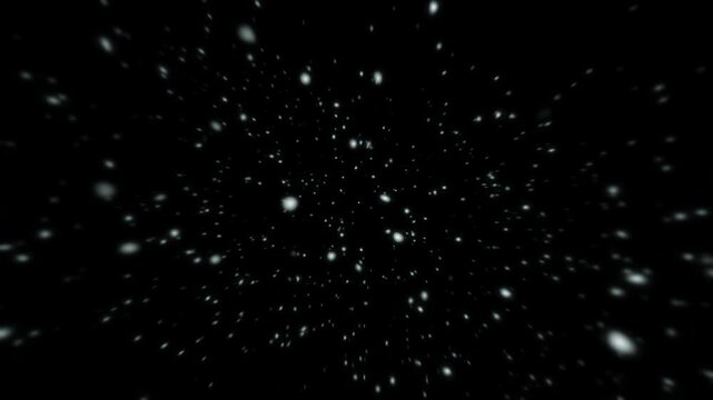 Abstract white particles moving rapidly towards the viewer on a dark black background creating a sense of speed.