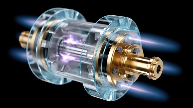 Futuristic plasma thruster engine with ion beam propulsion, 3D render of advanced spacecraft technology isolated on black background