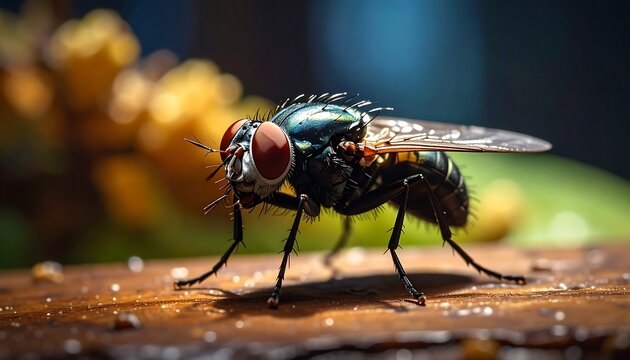 Detailed macro shot showcasing a fly's iridescent body and intricate features
