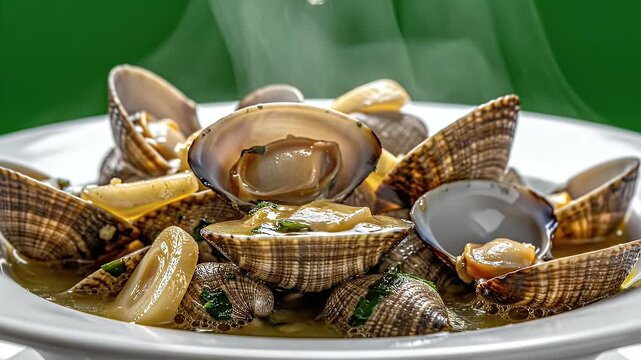Steamed Clams With Garlic and Herbs in White Sauce Served in a White Bowl With Steam Rising A Delicious Seafood Appetizer Close Up Shot