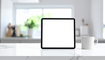 Fototapeta premium Mockup digital tablet with a blank white screen on a modern kitchen countertop.