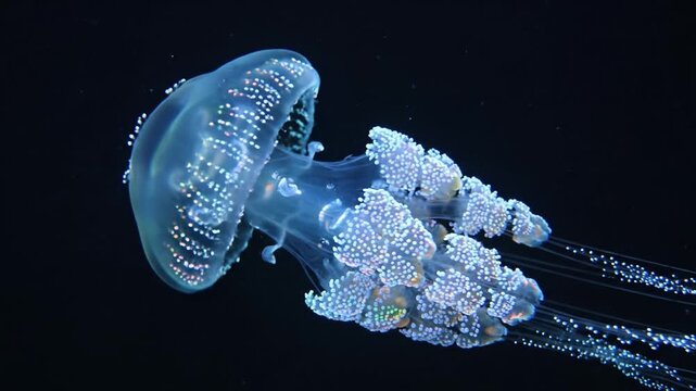 Blue jellyfish floating in dark ocean water, translucent bell glowing with delicate tentacles, aquatic marine life underwater, bioluminescent sea creature closeup, graceful and isolated