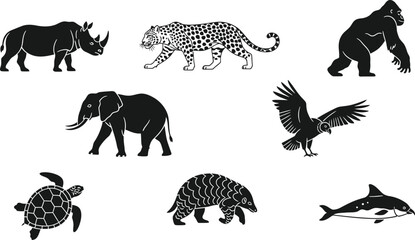 Obraz premium Endangered Animals and Wildlife Conservation Vector Icon Set Featuring Rhinoceros, Elephant, Leopard, Gorilla, Sea Turtle, Pangolin, Condor, and Dolphin Isolated on White Background