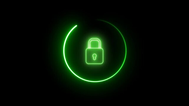 Neon light style of Lock and Safe animation. Security padlock icon animation with rotating green neon light as a shield and as a sign of secure condition. Alpha channel transparent  background.