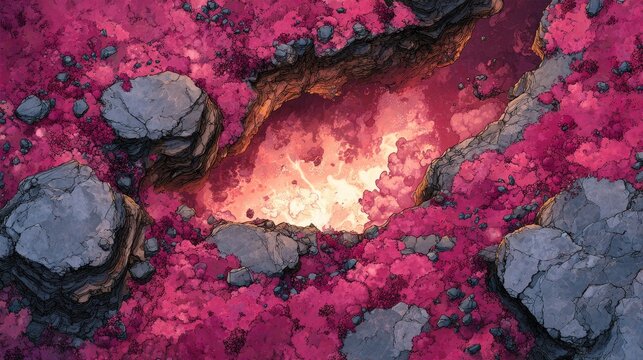 DND battlemap of a dark underworld war-torn landscape, featuring jagged rocks, ruined structures, cavernous terrain, dramatic shadows, fantasy adventure setting, strategic RPG map elements