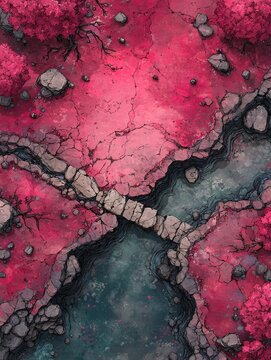 DND battlemap of a dark underworld war-torn landscape, featuring jagged rocks, ruined structures, cavernous terrain, dramatic shadows, fantasy adventure setting, strategic RPG map elements