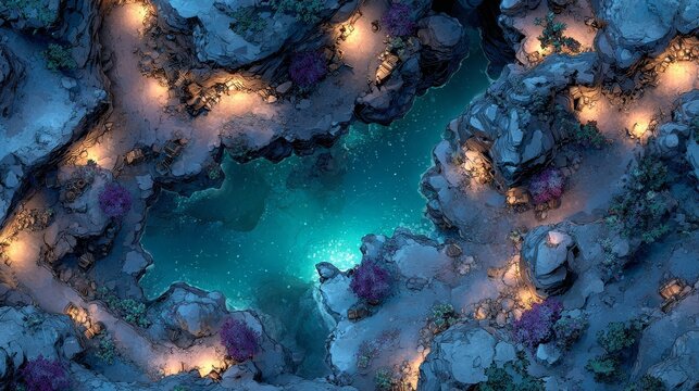 DND battlemap of a dark underworld war-torn landscape, featuring jagged rocks, ruined structures, cavernous terrain, dramatic shadows, fantasy adventure setting, strategic RPG map elements