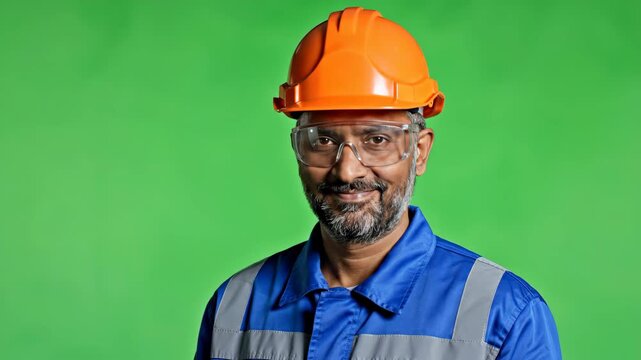 Construction worker wearing safety helmet and glasses against green background