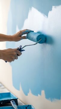 Application of blue paint using a roller to modernize the wall interior