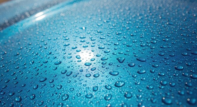 Close-up of Water Droplets on Blue Surface.
