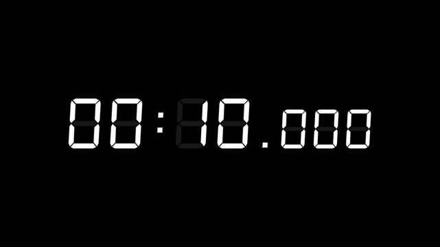 7 digits white digital countdown timer starting at 00:15:00 (15 seconds) on black background, featuring crisp seven-segment numerals with minutes, seconds, and milliseconds displayed prominently.