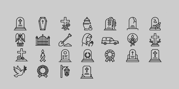 line icon collection of funeral service symbols including gravestones, coffins, memorial wreaths, church gates, urns, mourning figures, and peaceful cemetery elements