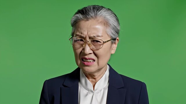 Serious elderly woman in formal attire against green background