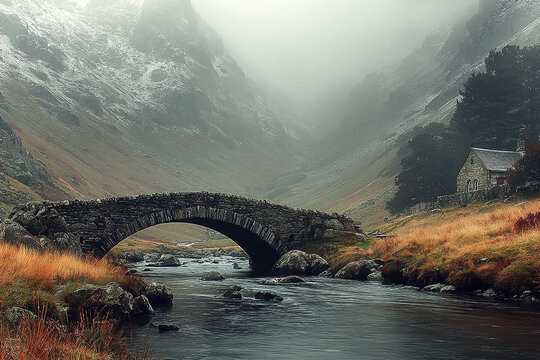 Old stone arch bridge crossing a stream in a misty, moody mountain valley with autumn grass and a cottage.