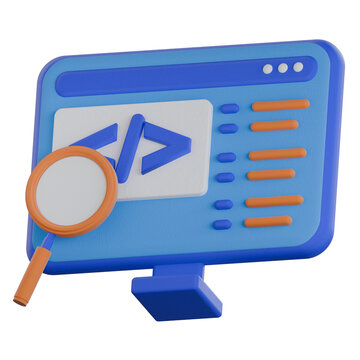 A professional 3D icon showing a coding window with brackets and a magnifying glass for software auditing and development