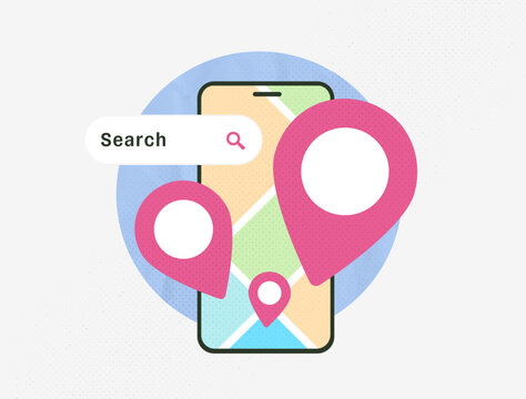 Hyperlocal search discovery interface, mobile nearby places locator tool, smartphone proximity query results, local search business geotargeted concept, modern 2026 trend design vector illustration