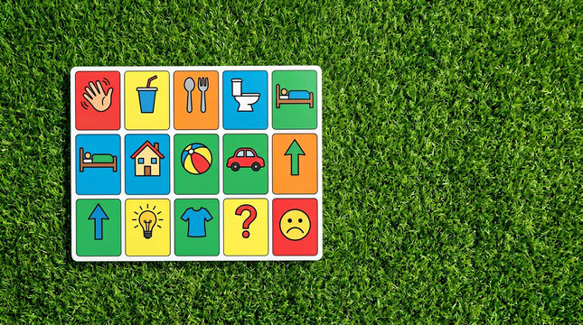 Colorful AAC communication picture board on bright green surface inclusive speech accessibility product.