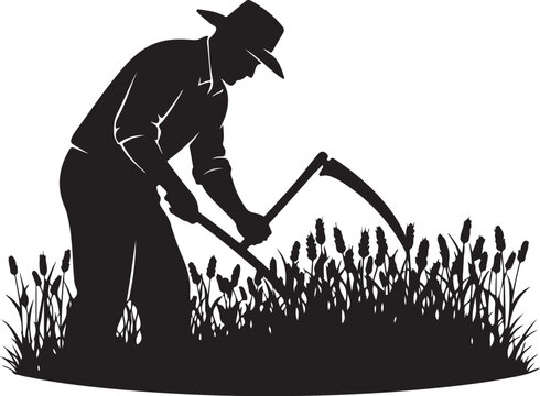 Black silhouette of man in hat using scythe to cut lavender
