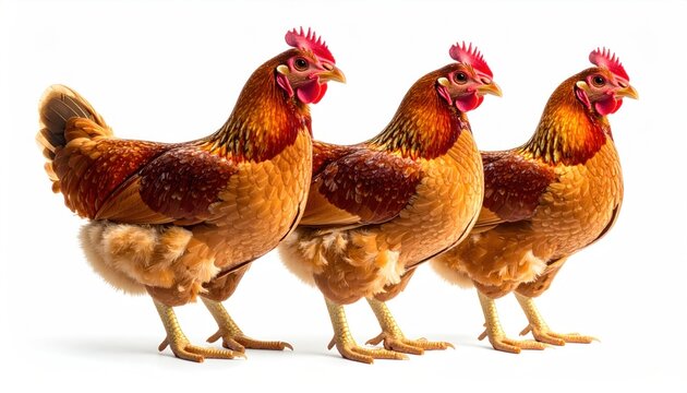 Three brown hens stand side-by-side, brightly lit against a white background