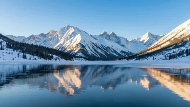 Snow covered mountains reflect in calm lake waters under a clear blue sky