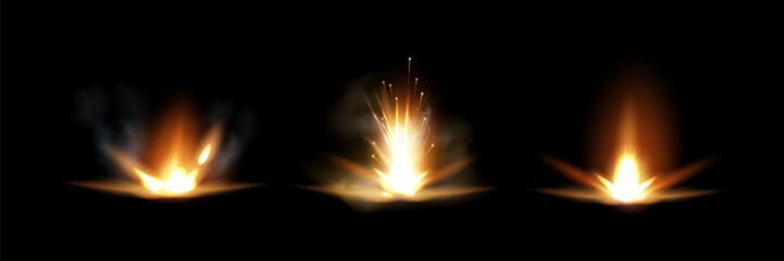 Gun flashes with smoke and fire sparkles. Pistol shots clouds, muzzle shotgun explosion. Blast motion, weapon bullets trails isolated on black background. © luda