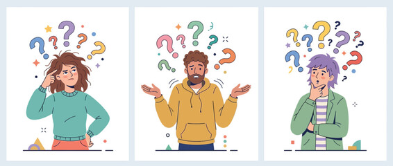 Fototapeta premium Confused young creative project managers and startup founders surrounded by colorful question marks in flat vector style, ideal for business problem solving, faq pages and decision making