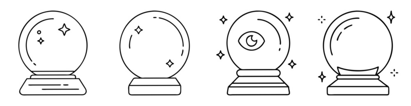 Four mystical crystal balls on stands with magical elements surrounding them