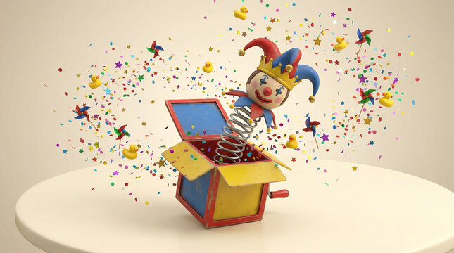 A crowned jester figure dramatically springs from an open jack-in-the-box, surrounded by a vibrant explosion of confetti, pinwheels, and toys.