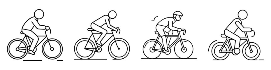 Naklejka premium Four minimalist illustrations of cyclists, showcasing different styles and silhouettes