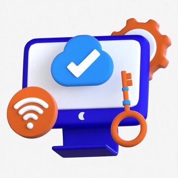 An intricate 3D icon of a computer monitor with a checkmark cloud, security key, gear, and Wi-Fi symbol for secure remote login