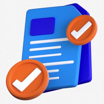 A 3D icon of stacked documents with checkmark stamps highlighting project milestones and completed tasks