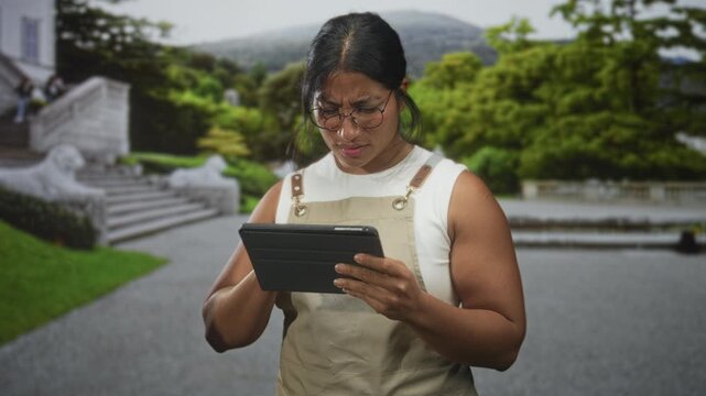 Young woman in apron holding tablet with bare hands, squinting at screen near building steps and balustrade in a formal garden; focused frustration.