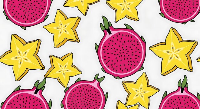 Vibrant illustration of starfruit and dragon fruit on white background