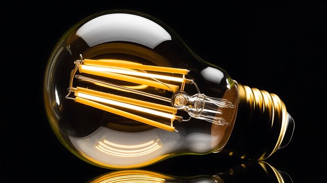 Vintage Edison LED Light Bulb with Warm Yellow Filament on Black Background image photo