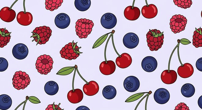 Colorful illustration of mixed berries on light purple background