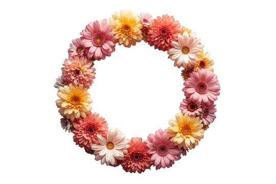 Floral wreath creating spring frame with gerbera and dahlia flowers, offering space for design, transparent background