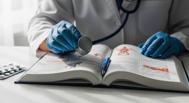 doctor reading medical book with stethoscope