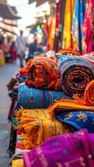 Fototapeta premium Vibrant Textiles Displayed at a Bustling Outdoor Market.