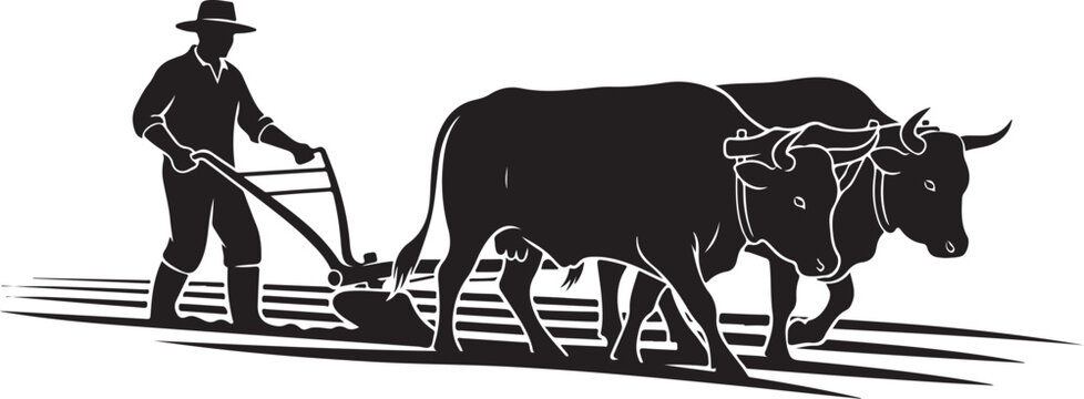 Black silhouette of man plowing field with two oxen