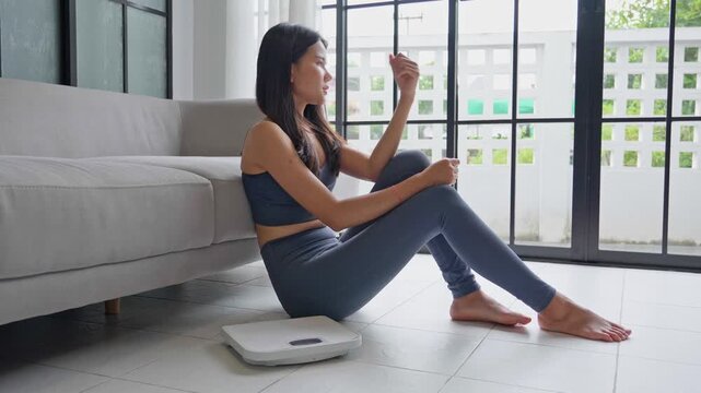 Young Asian Woman Feeling Sad and Upset on Weight Scale at Home After Dieting Fail for Healthcare Wellness Lifestyle