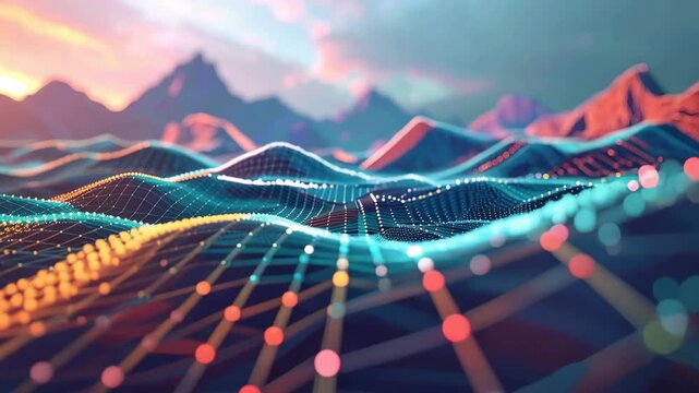 Digital Landscape:  An abstract digital rendering presents a vibrant landscape of interconnected lines and points, with majestic mountains in the background.